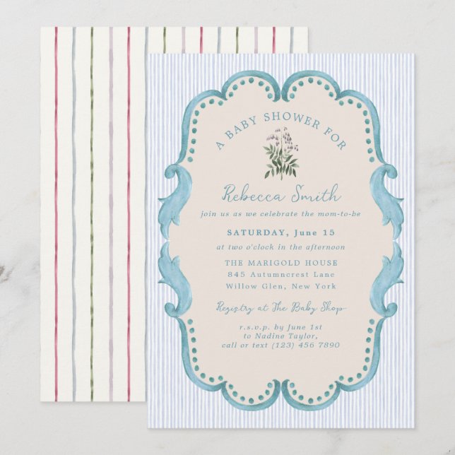 Preppy Baby Boy Blue Grandmillennial Baby Shower Invitation (Front/Back)