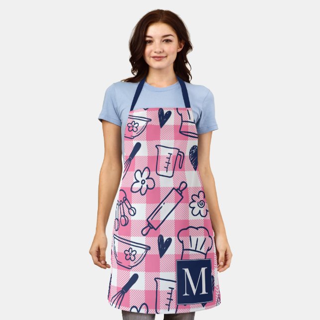 Preppy Baking Pink Gingham Recipe Apron (Worn)