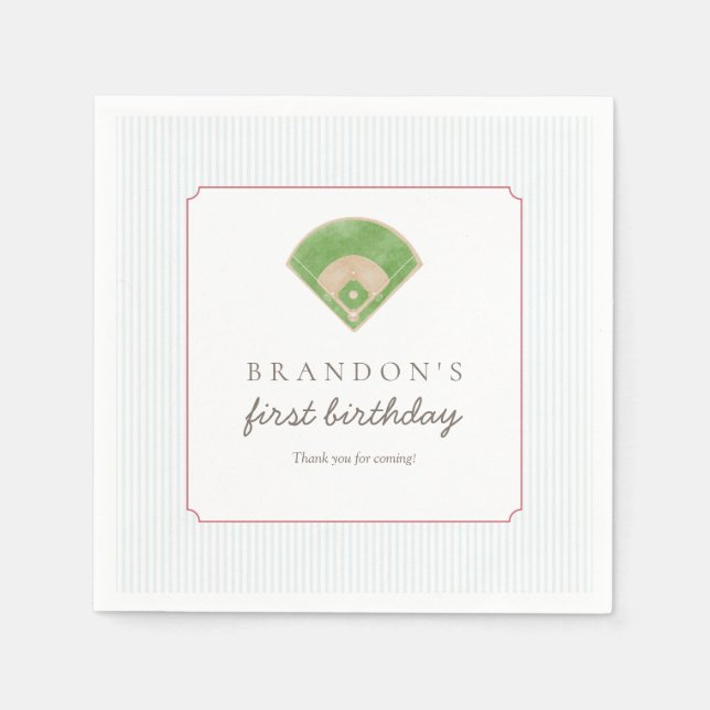 Preppy Baseball First Birthday Rookie One Party Napkin (Front)