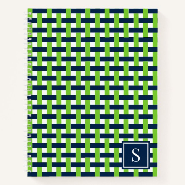 Preppy Basket Weave – Navy & Lime Monogram Notebook (Front)