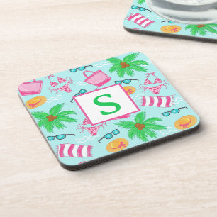 Preppy Beach Bikini Towel Palm Tree Towel Initial Coaster