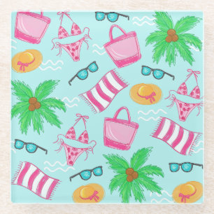 Preppy Beach Essentials Bikini Palm Tree Glass Coaster