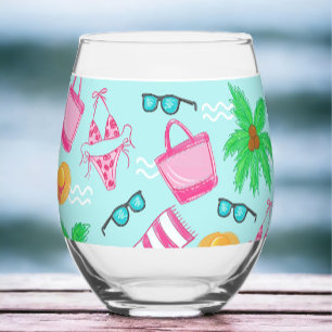 Preppy Beach Girl’s Weekend Bikini Palm Tree Stemless Wine Glass