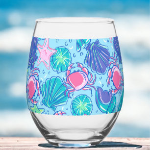 Preppy Beach Pink Crabs Shells Stemless Wine Glass