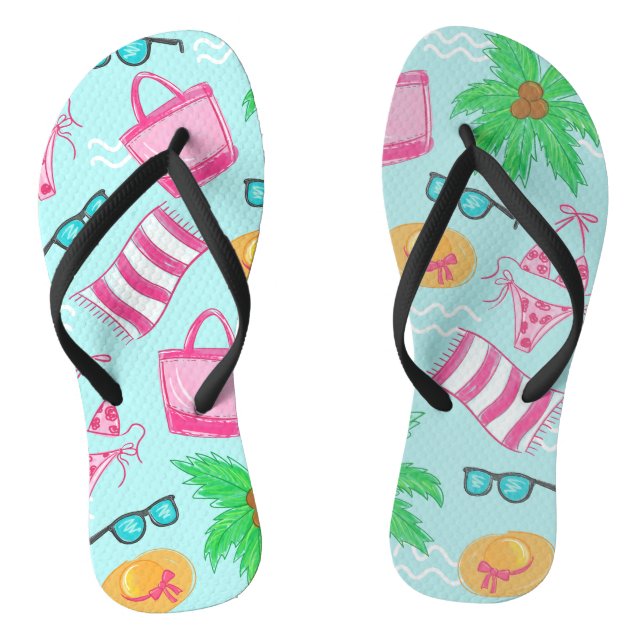 Preppy Beach Scene Coastal Bikini Palm Tree Jandals (Footbed)
