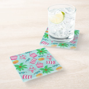Preppy Beach Scene Coastal Palm Trees Bikinis Glass Coaster