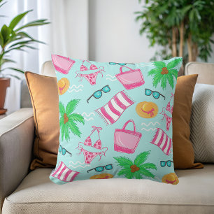 Preppy Beach Scene with Bikini, Palm Tree Towel Cushion