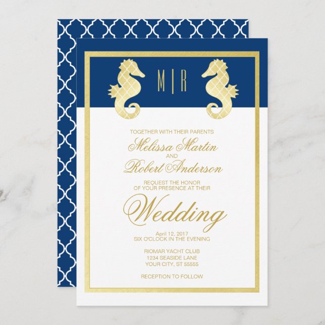 Preppy Beach Seahorse Navy Gold Wedding Invitation (Front/Back)