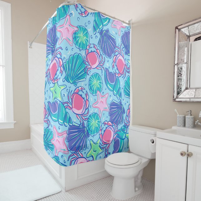 Preppy Beach Shell Crab Blue Shower Curtain (In Situ)