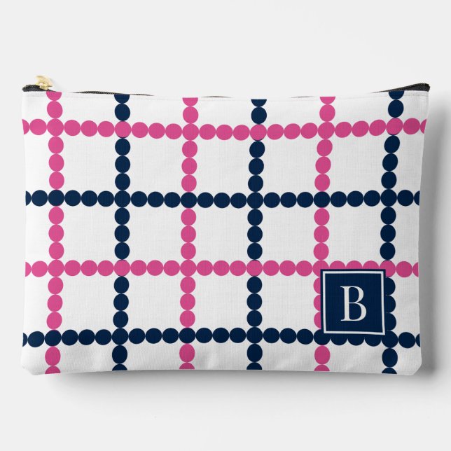 Preppy beaded Windowpane Pink & Navy             Accessory Pouch (Front)