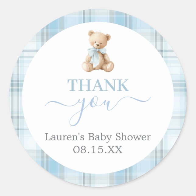 Preppy Bear Baby Shower Boy Round Sticker (Front)