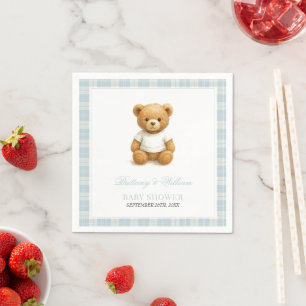 Preppy Bear Blue Plaid Baby Shower Napkin