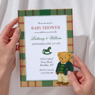Preppy Bear Christmas Plaid Baby Shower Invitation