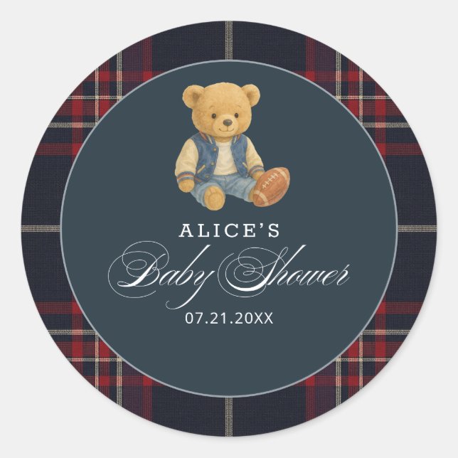Preppy Bear Football  Baby Shower Classic Round Sticker (Front)