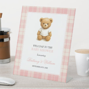 Preppy Bear Pink Plaid Baby Shower Welcome Pedestal Sign