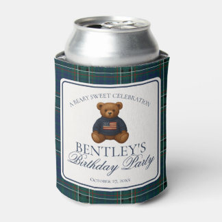 Preppy Bear Tartan Pattern Boy Birthday Favor Can Cooler