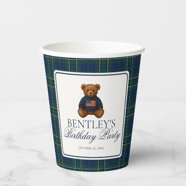 Preppy Bear Tartan Pattern Boy Birthday Party Paper Cups (Front)