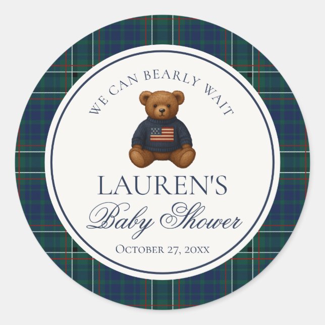 Preppy Bear Tartan Plaid Boy Baby Shower Envelope  Classic Round Sticker (Front)