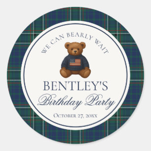 Preppy Bear Tartan Plaid Boy Birthday Envelope  Classic Round Sticker