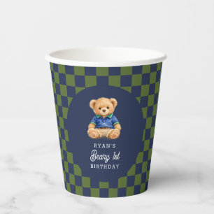 Preppy Beary 1st Birthday Checkboard Paper Cups