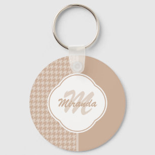 Preppy Beige and Tan Houndstooth Monogram and Name Key Ring