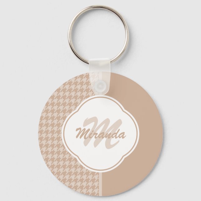 Preppy Beige and Tan Houndstooth Monogram and Name Key Ring (Front)