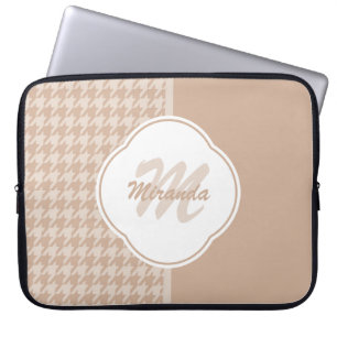 Preppy Beige and Tan Houndstooth Monogram and Name Laptop Sleeve