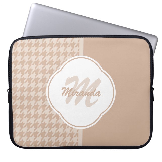 Preppy Beige and Tan Houndstooth Monogram and Name Laptop Sleeve (Front)