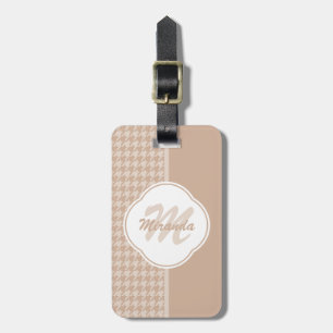Preppy Beige and Tan Houndstooth Monogram and Name Luggage Tag