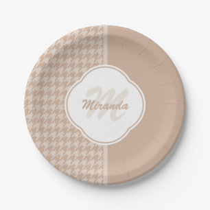 Preppy Beige and Tan Houndstooth Monogram and Name Paper Plate