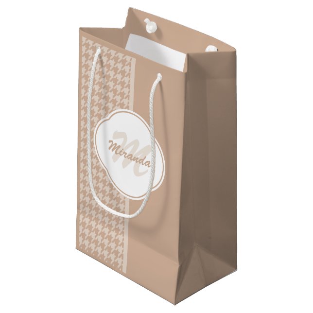 Preppy Beige and Tan Houndstooth Monogram and Name Small Gift Bag (Front Angled)