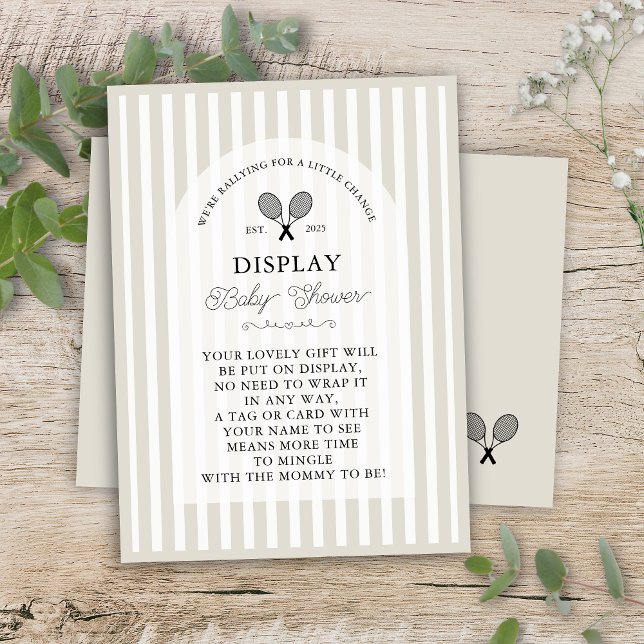 Preppy Beige Tennis Gifts on Display Baby Shower Enclosure Card (Elegant light beige tan striped preppy baby shower display shower card enclosure for chic club event)