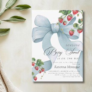 Preppy Berry Sweet Blue Bow Strawberry Baby Shower Invitation