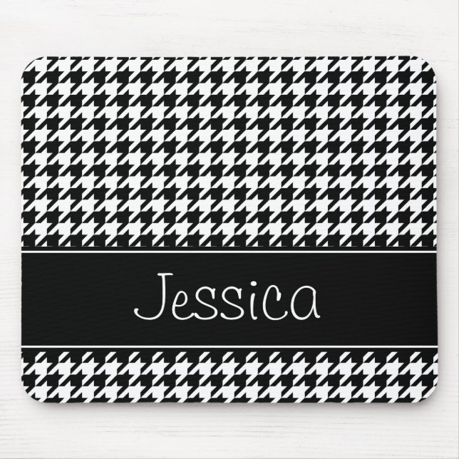 Preppy Black and White Houndstooth Personalised Mouse Pad (Front)