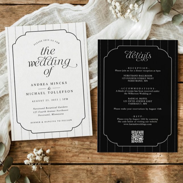 Preppy Black and White Striped All in One Wedding  Invitation (Elegant stripes wedding invitation with scalloped frame, calligraphy, and wedding website QR code.)