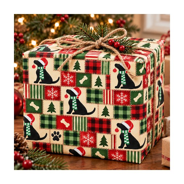 Preppy Black Lab Christmas Ornament Patchwork Wrapping Paper (Creator Uploaded)