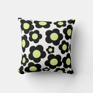 Preppy Black Neon Green Hippie Flower Pattern Cushion