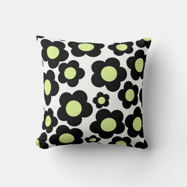 Preppy Black Neon Green Hippie Flower Pattern Cushion (Front)