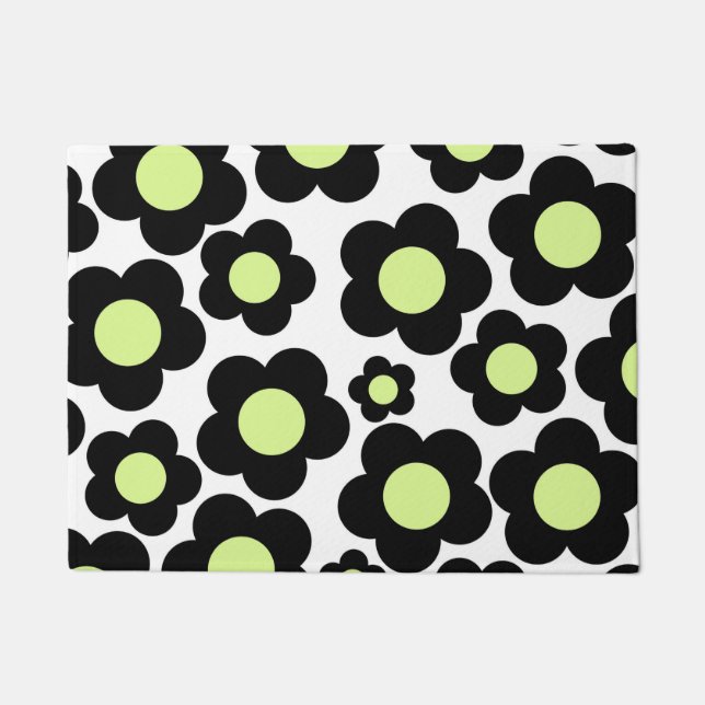 Preppy Black Neon Green Hippie Flower Pattern Doormat (Front)