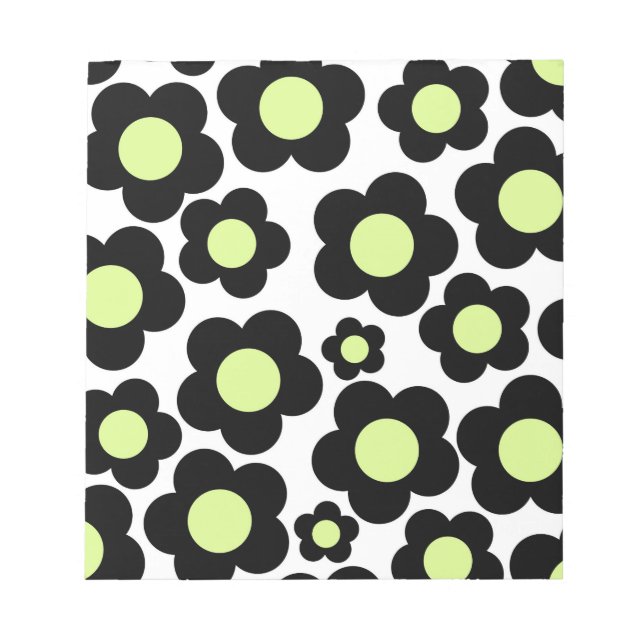 Preppy Black Neon Green Hippie Flower Pattern Notepad (Front)