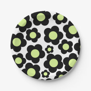 Preppy Black Neon Green Hippie Flower Pattern Paper Plate