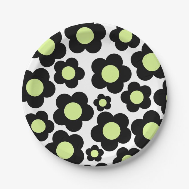 Preppy Black Neon Green Hippie Flower Pattern Paper Plate (Front)