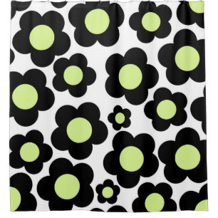 Preppy Black Neon Green Hippie Flower Pattern Shower Curtain