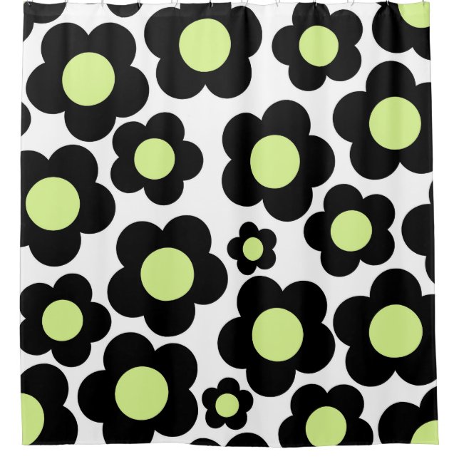 Preppy Black Neon Green Hippie Flower Pattern Shower Curtain (Front)