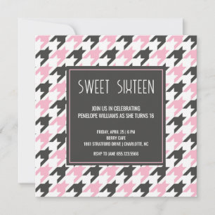 Preppy black pink houndstooth pattern Sweet 16 Invitation