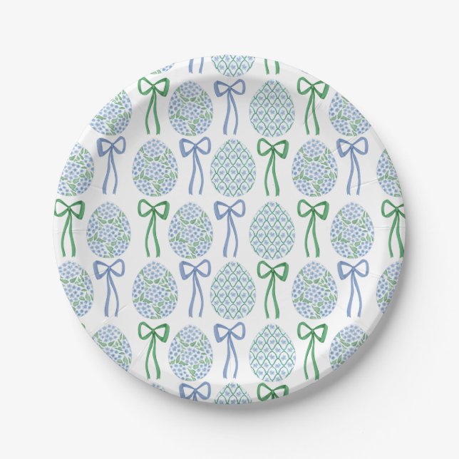 Preppy Blue and Green Easter Bows and Eggs Paper Plate (Front)