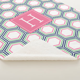 Preppy Blue and Green Honeycomb Print Monogrammed Sherpa Blanket