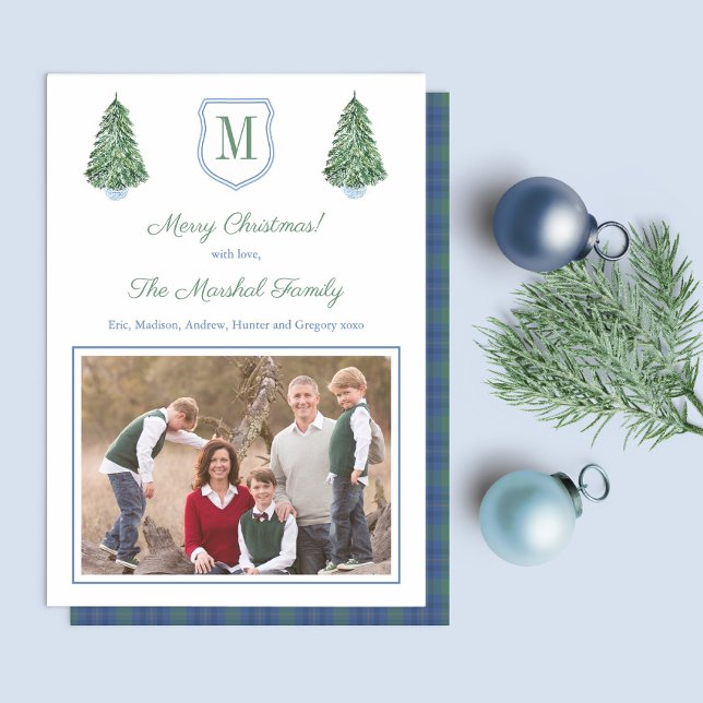 Preppy Blue And Green Tartan Christmas Tree Photo Holiday Card (Simple Blue Green Design with Christmas Trees and monogram crest. On the reverse is a matching plaid)