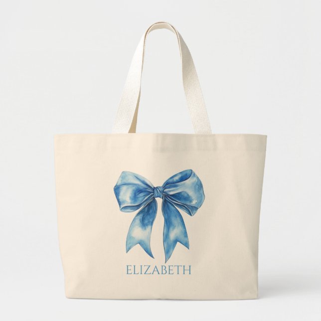 Preppy Blue and White Bow Personalized Large Tote Bag (Front)