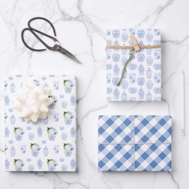 Preppy Blue And White Boy Baby Shower Wrapping Paper Sheet (Front)